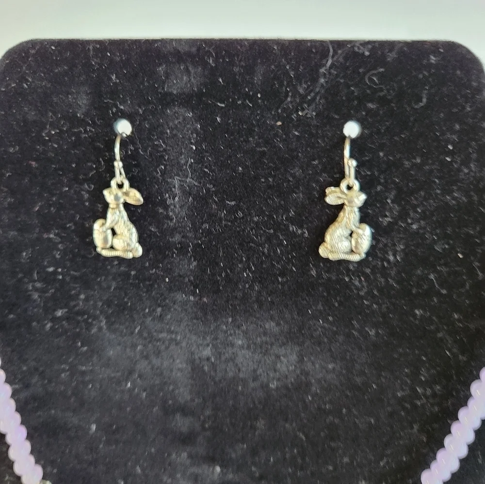 Hand Crafted Rabbit Charm Necklace Pierced Earrings Lavender Silver Easter Bunny